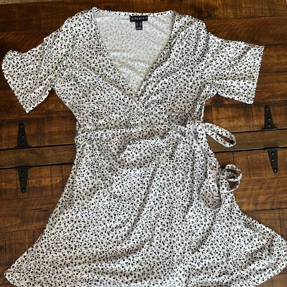 Revamped Black Rose Print Floral Mini Wrap Dress - Picture 1 of 3